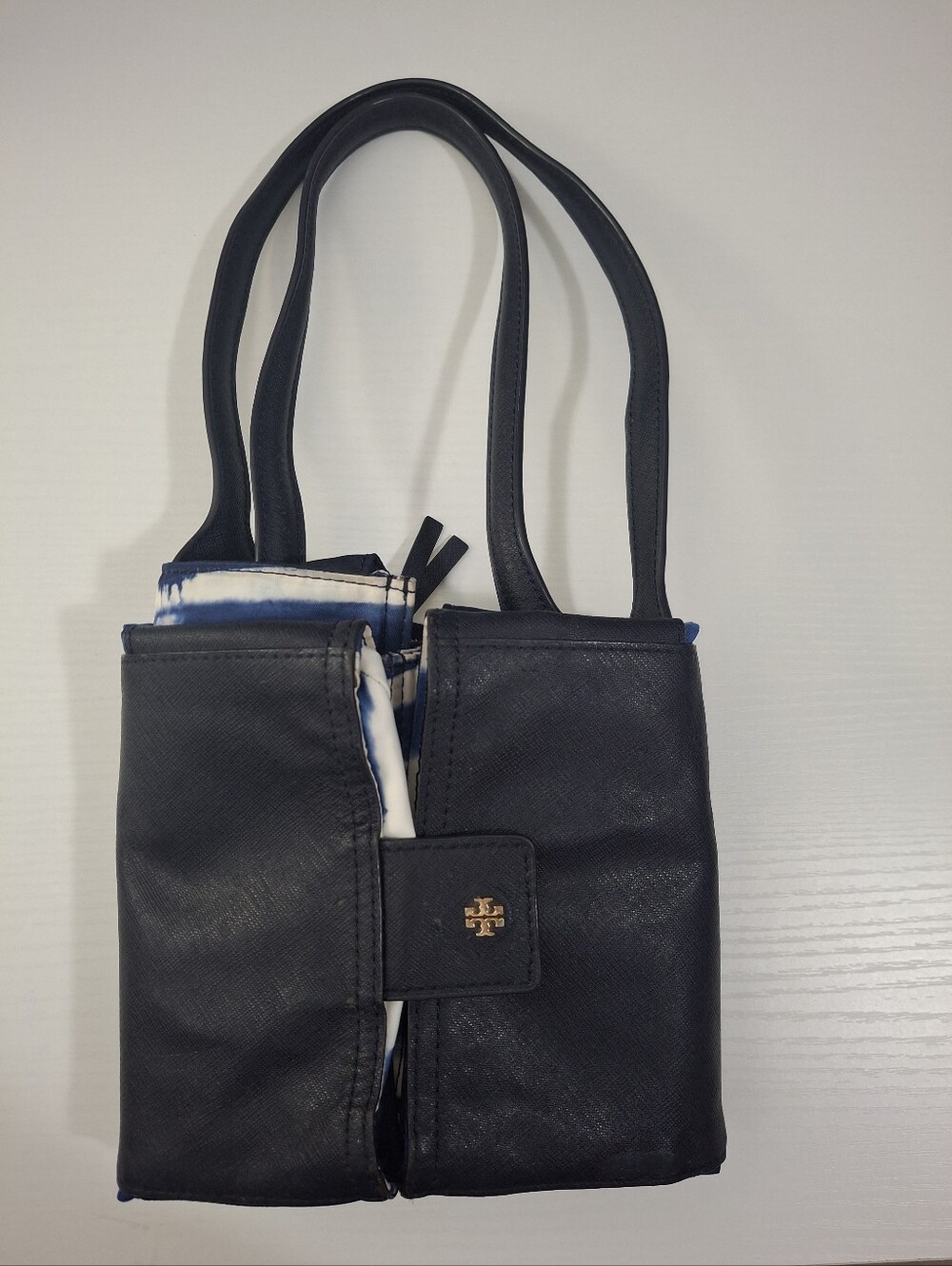 Tory Burch Ella Nylon Tote Bag Navy White Stripe Foldable Travel Bag - Picture 4 of 12
